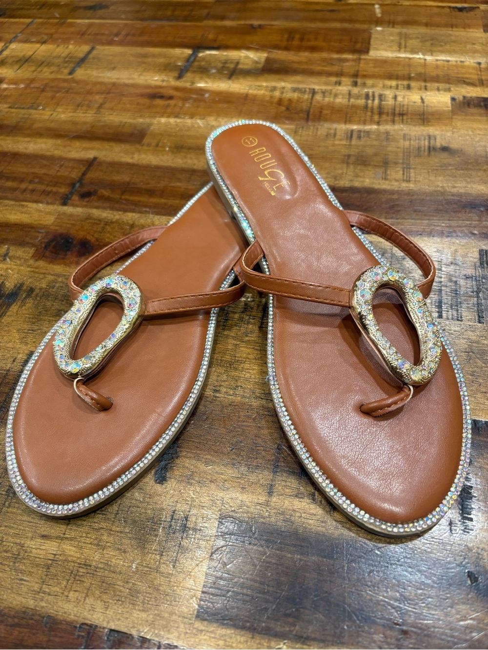 Brown Leather Jewel-Accent Thong Sandals